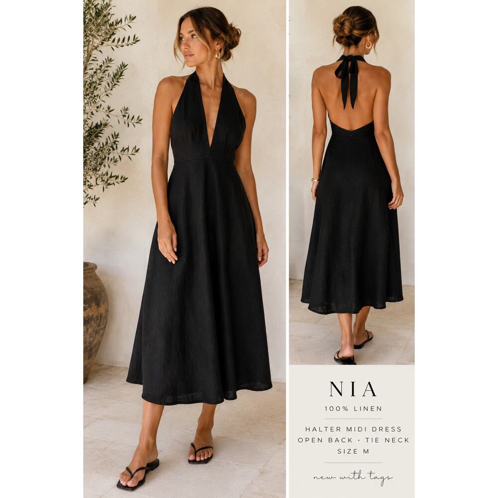 NWT NIA Black 100% Linen Halter Midi Dress Open Back Resort, Size M